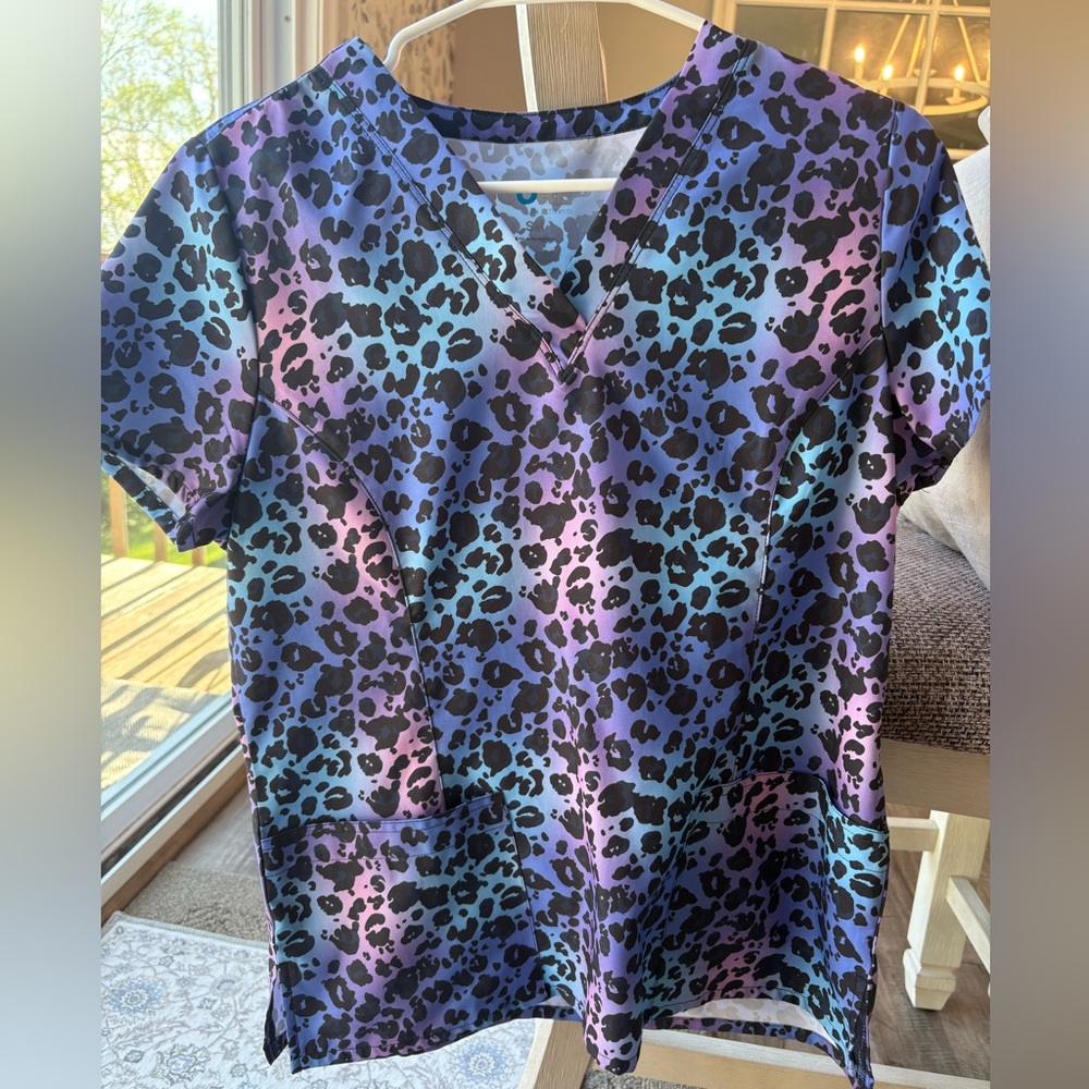 Blue, Purple and Pink Leopard Scrub Top
